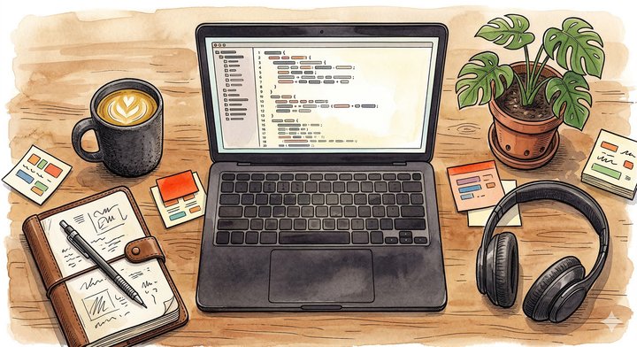 Watercolor illustration of a desk with laptop, coffee, notebook and headphones